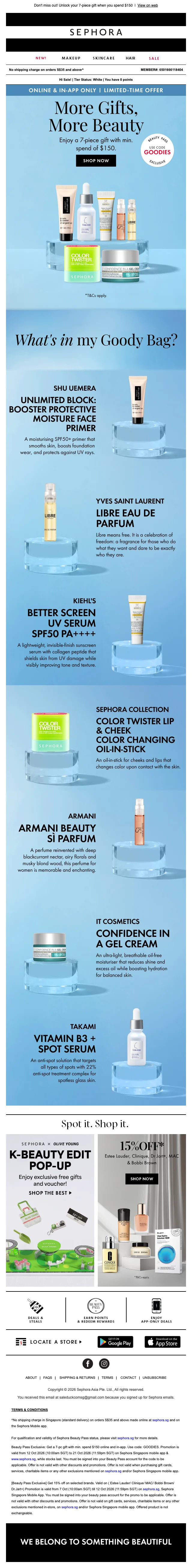 Proof of coupon - Sephora - Gift offer: [[7-piece gift]] online and in-app with minimum spend