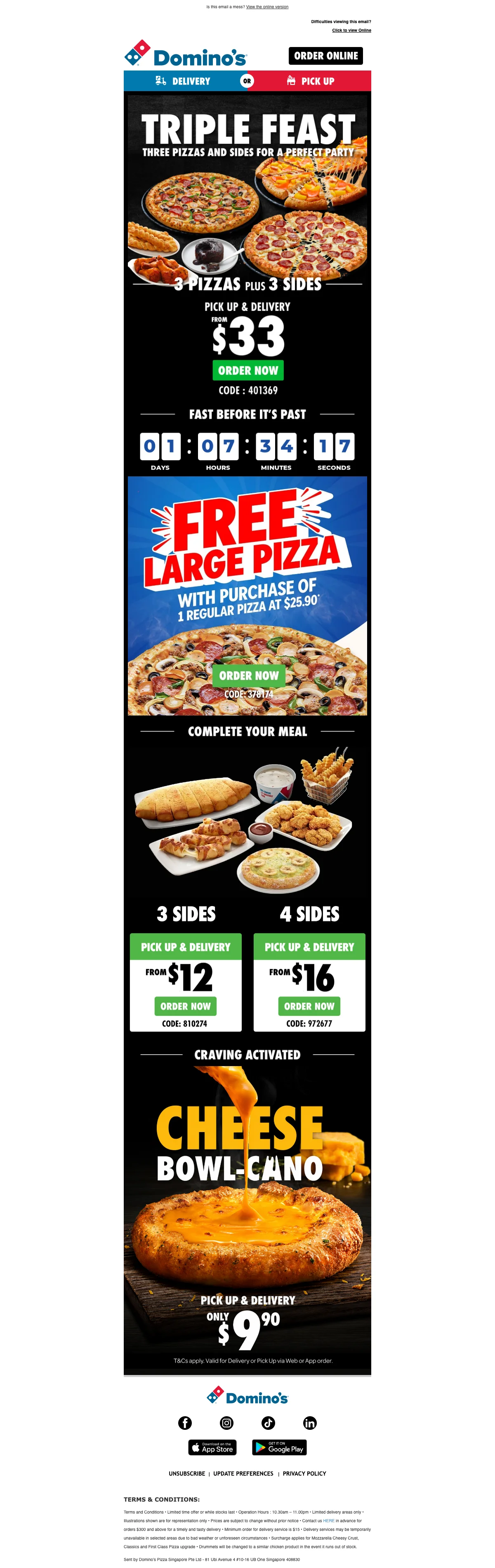 Proof of coupon - Domino's Pizza - Promo code: [[triple feast]] 3 pizzas plus 3 sides, pickup delivery