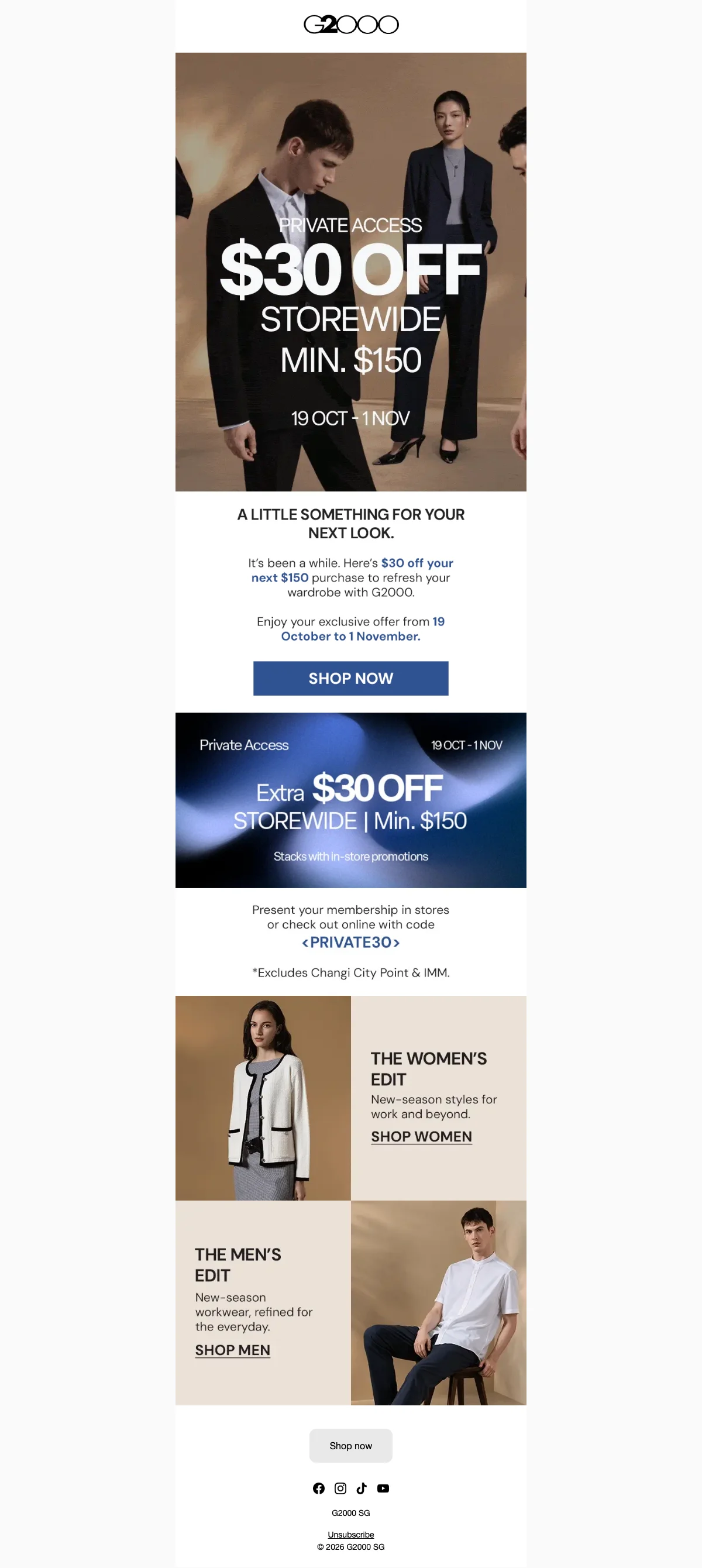 Proof of coupon - G2000 - Promo code: [[S$30 off]] your next S$150 online or in-store purchase
