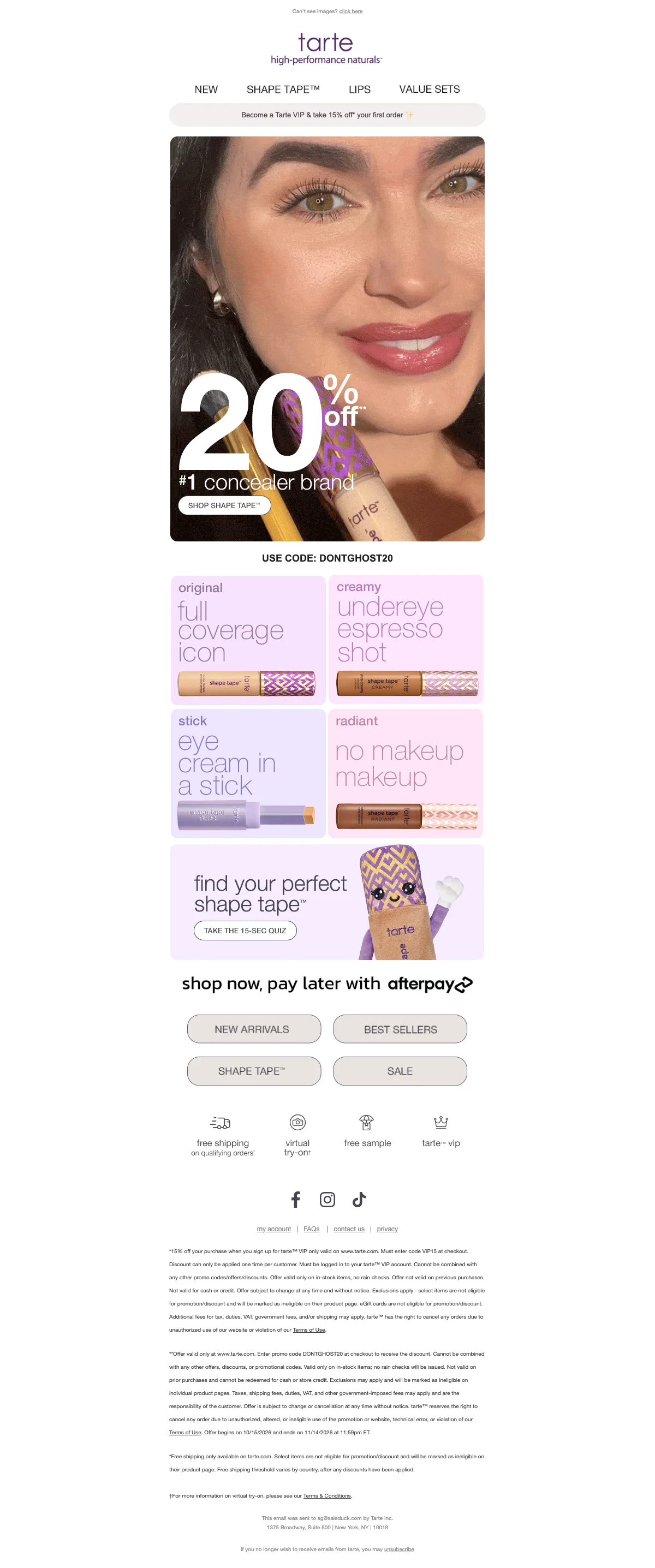 Proof of coupon - Tarte Cosmetics - Limited offer [[20% off]] select concealers including full coverage sticks