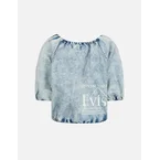Puff-sleeves Cropped Denim Blouse