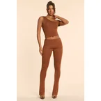 Petite Mid Rise Modal Cashmere Blend Trousers in Chestnut Brown
