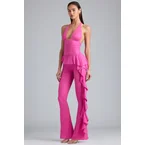Petite Metallic Ruffle Low-Rise Flared Trousers in Bubblegum Pink