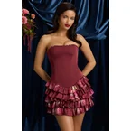 Strapless Ruffled Tiered Corset Mini Dress in Maroon Floral Print
