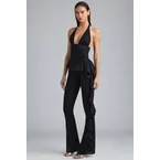 Metallic Ruffle Low-Rise Flared Trousers in Black