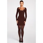 Ribbed Modal Long-Sleeve Laced Bra Mini Dress in Chocolate Brown