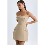 Foldover-Neck Structured Tulip Mini Dress in Camel