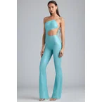 Metallic Ruched Cut-Out Flared Jumpsuit in Ice Blue
