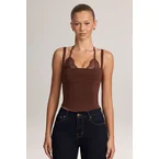 Ponte Peekabo Lace Tank Top in Cocoa Brown